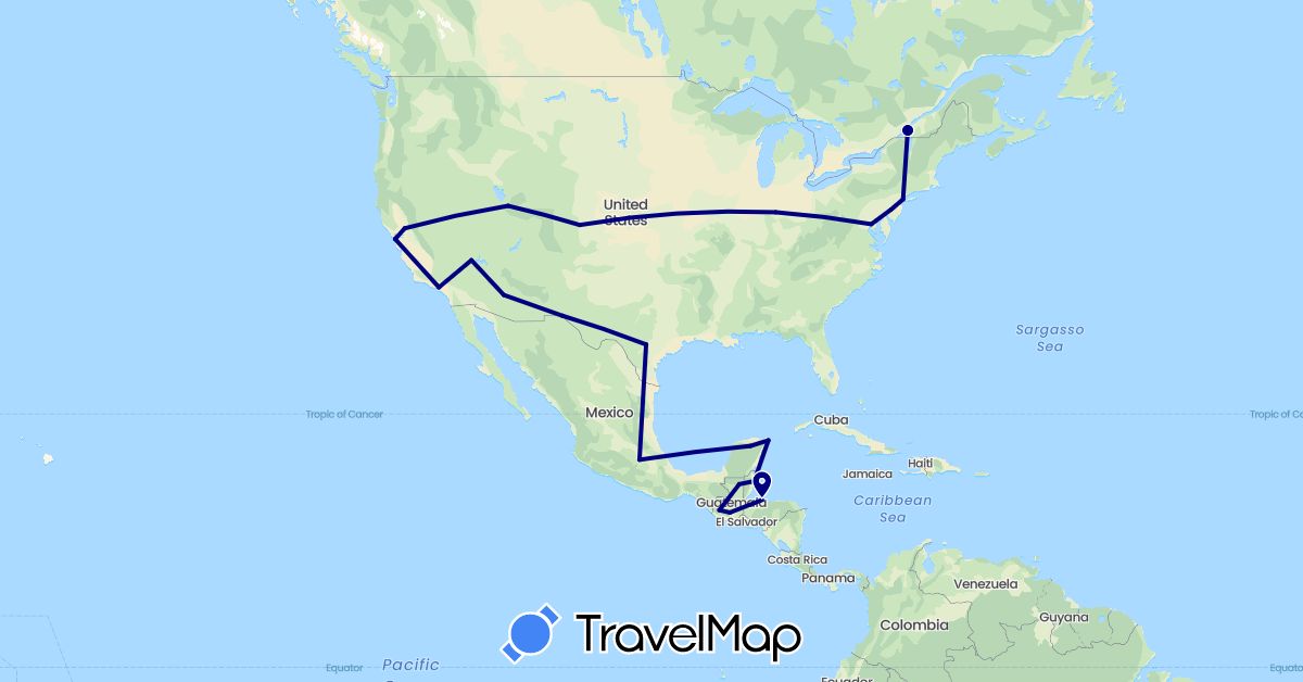 TravelMap itinerary: driving in Belize, Canada, Guatemala, Honduras, Mexico, United States (North America)