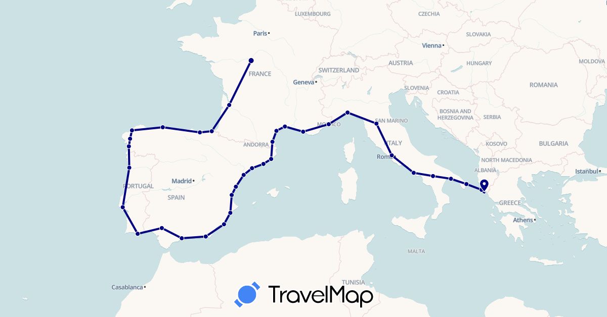 TravelMap itinerary: driving in Spain, France, Greece, Italy, Monaco, Portugal (Europe)